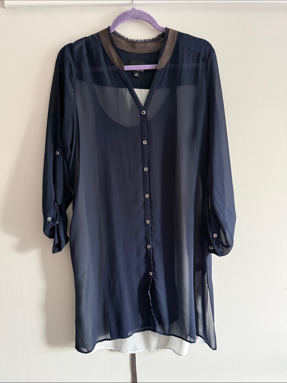 Greylin Navy Sheer Midi Button-Front Dress